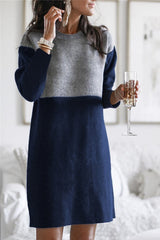 Fashion Patchwork Solid Patchwork O Neck Long Sleeve Dresses(5 Colors)