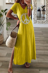 Sexy Solid Printing Patchwork Slit V Neck Straight Dresses