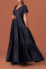 Casual Solid Patchwork Fold V Neck Long Dress Dresses