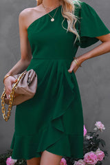 Street Simplicity Solid Flounce Oblique Collar Irregular Dress Dresses(3 Colors)