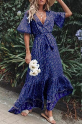 College Vacation Print Patchwork V Neck Beach Dress Dresses