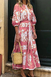 Bohemian Elegant Geometric Print Patchwork O Neck A Line Dresses(4 Colors)