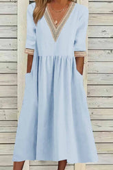 Elegant Solid Patchwork V Neck A Line Dresses(4 Colors)