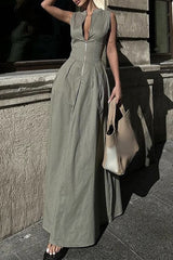 Casual Solid Pocket Zipper Zipper Collar Sleeveless Dresses