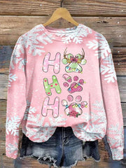 Casual Paw Ho Ho Ho Snowflake Print Long Sleeve Sweatshirt