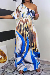 Allover Print Oblique Shoulder Maxi Dress
