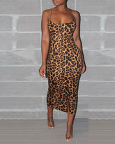 Spaghetti Strap Leopard Print Midi Dress