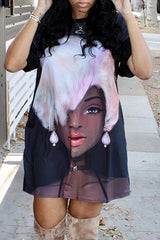 Figure Print Contrast Trim Tee Dress