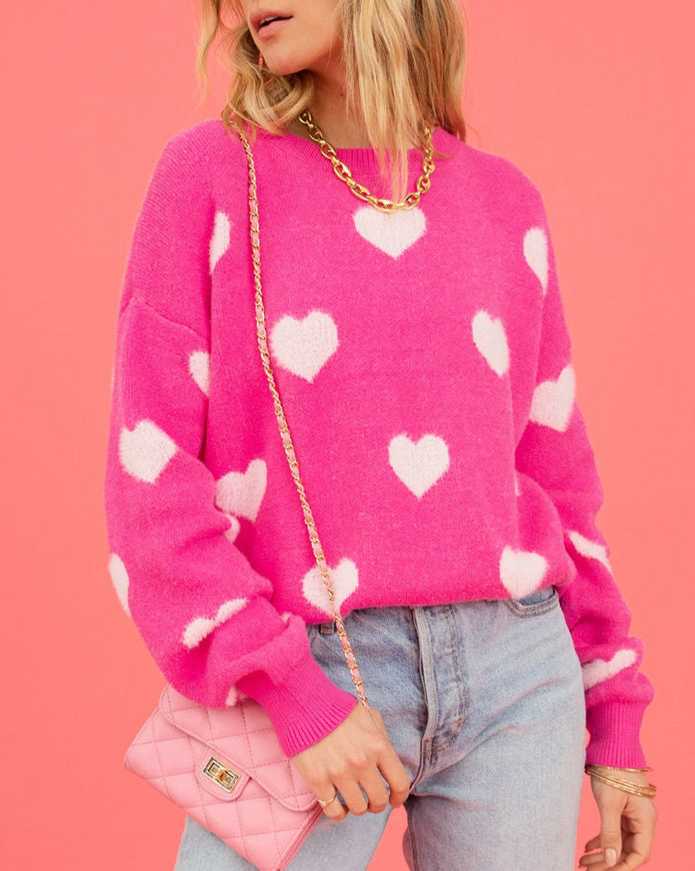 Fuzzy Hearts Drop Shoulder Sweater