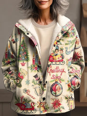 Retro Christmas Print Waffle Plush Thick Long-Sleeved Hooded Coat