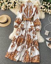 Vintage All Over Print Long Sleeve Maxi Dress With Belt