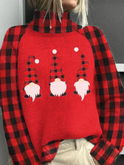 Womens Christmas Plaid Gnome Knit Turtleneck Sweater