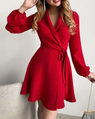 Plain Surplice Neck Long Sleeve Work Dress