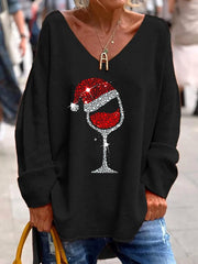Women's Christmas Wine Glass Print V Neck Long Sleeve Top