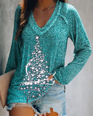 Christmas Tree Glitter Bling's V-neck Long Sleeved Top