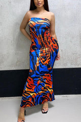 Allover Print Ruffle Hem Maxi Tube Dress