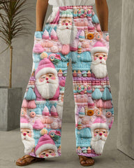 Pink Santa Claus Printed Casual Loose Wide Leg Pants
