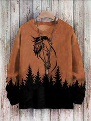Western Horse and Forest Print Crew Neck Pit Strip Knitted Sweatshirt