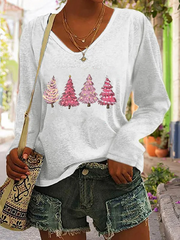 🔥Pink Christmas Tree Print V-Neck Long Sleeve T-Shirt