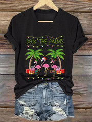 Deck The Palms Merry Flamingo Christmas Print T-Shirt
