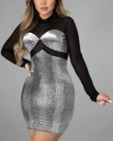 Metallic Snakeskin Print Sheer Mesh Long Sleeve Mini Dress
