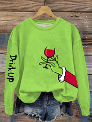 Drink Up Wine Glass Print Off Shoulder Sweatshirt