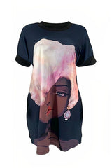 Figure Print Contrast Trim Tee Dress