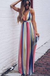 Rainbow Stripe Low Back Chiffon Beach Maxi Dress