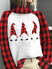 Womens Christmas Plaid Gnome Knit Turtleneck Sweater