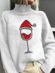 Christmas Red Wine Glass Knitted Turtleneck Sweater
