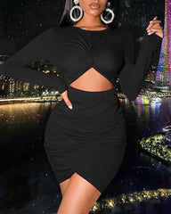 Solid Twist Cut Out Front Ruched Overlap Mini Dress