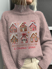 "Gingerbread Kisses & Christmas Wishes" Christmas Gingerbread Graphic Printed Knit Turtleneck Pullover Sweater