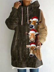Christmas Cow Print Zip Hoodie