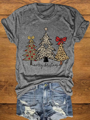 Christmas Leopard Christmas Tree Print Crew Neck T-Shirt