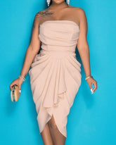 Solid Ruched Backless Asymmetrical Hem Tube Midi Dress