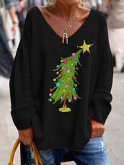 Christmas Tree Print V-Neck Long Sleeved Loose T-Shirt
