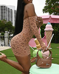 Solid Eyelet Embroidery Sheer Thumb Hole Off Shoulder Mini Dress With Panty