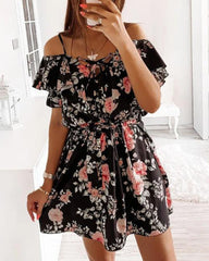 Floral Print Tie Front Ruffle Trim Belted Cold Shoulder Dress