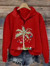 Christmas Palm Tree Print Long Sleeve Zip Sweater