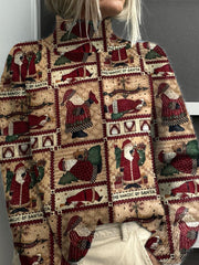 Vintage Christmas Print Knit Turtleneck Pullover Sweater