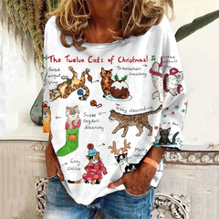 The Twelve Cats Of Christmas Pattern Print Long Sleeve T-Shirt