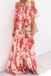 Allover Print Belted Ruffle Hem Maxi Dress