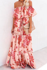 Allover Print Belted Ruffle Hem Maxi Dress