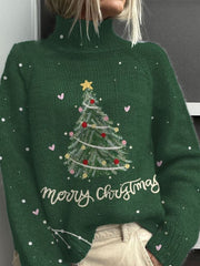 Christmas Tree Art Print Knit Turtleneck Pullover Sweater
