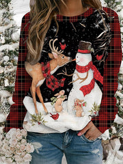 Casual Snowman And Reindeer Plaid Print Long Sleeve Sweatshirt