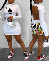 Poker Print Backless Bodycon Dress