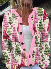 Christmas Tree Print Long Sleeved Knitted Cardigan