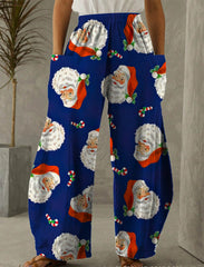 Christmas Blue SantaPrint Casual Pants