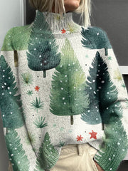 Fresh Green Christmas Tree Vintage Print Knit Turtleneck Pullover Sweater