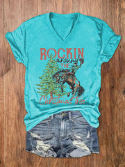Rockin Around The Christmas Tree Print V-Neck T-Shirt